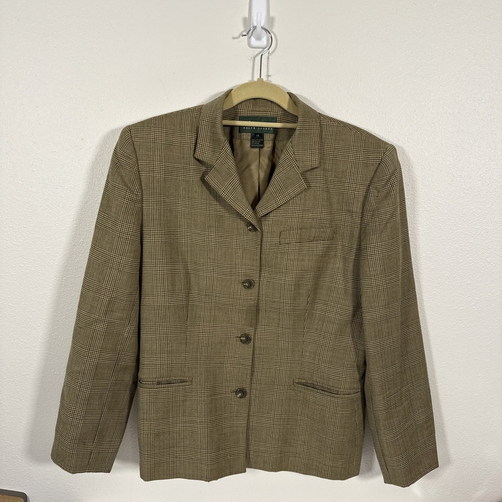 Ralph Lauren Women Sz14 Jacket Brown Wool Glen Plaid Equestrian